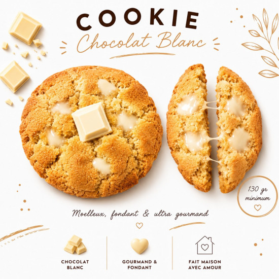 Cookie XXL chocolat blanc artisanal – Cookie moelleux cœur fondant