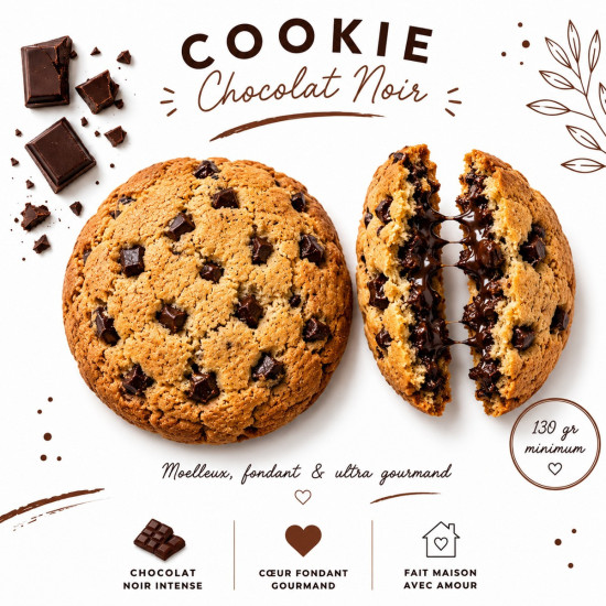 Cookie XXL chocolat noir artisanal – Cookie moelleux cœur fondant