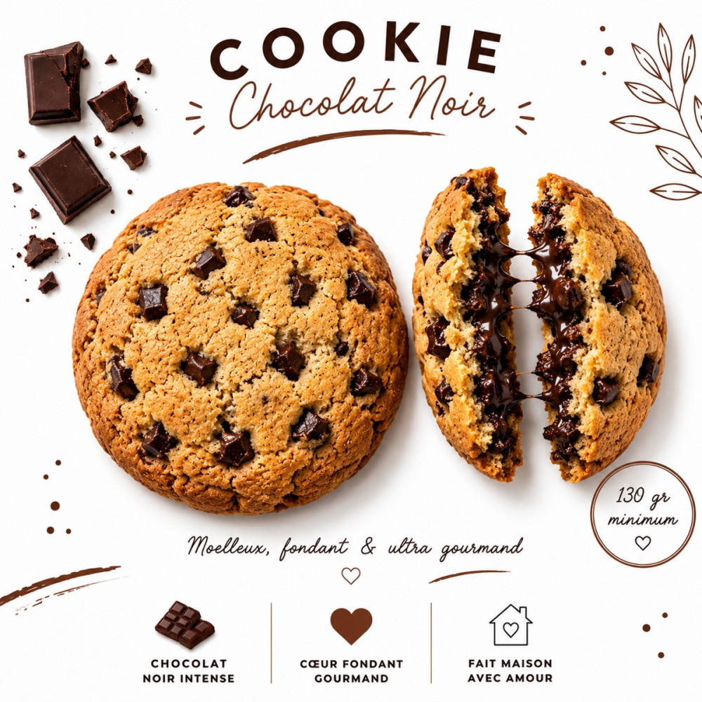 Cookie XXL chocolat noir artisanal – Cookie moelleux cœur fondant